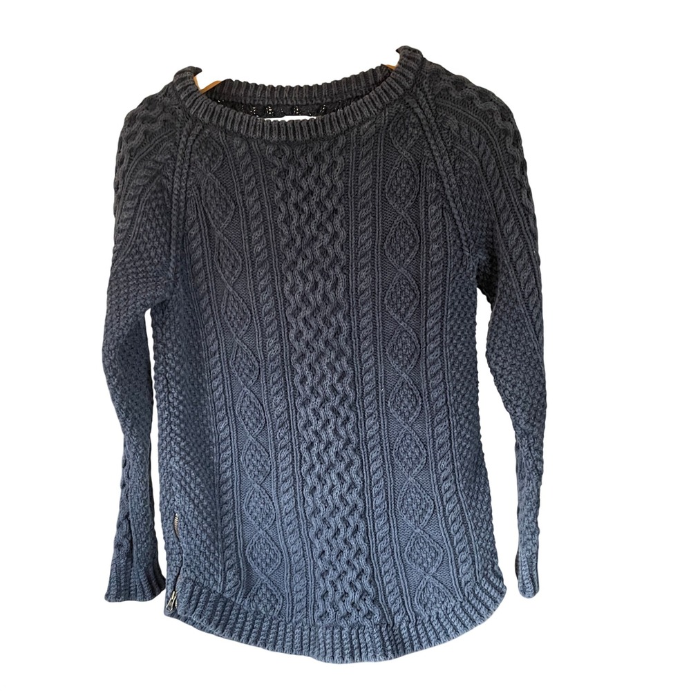 LL Bean Signature Women Preppy Fisherman Cable Knit Side Zip Sweater Size S Navy